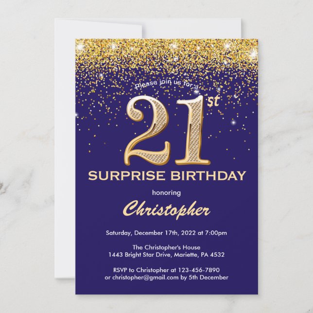 Surprise 21st Birthday Navy Blue and Gold Glitter Invitation (Front)