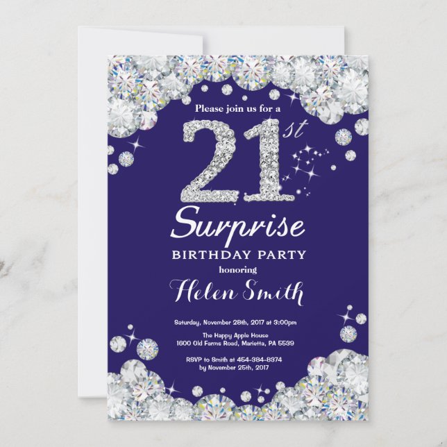 Surprise 21st Birthday Navy Blue Silver Diamond Invitation (Front)