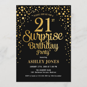 Surprise 21st Birthday Party - Black & Gold Invitation