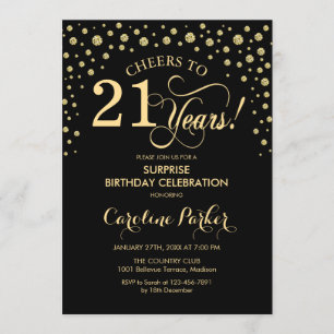 Surprise 21st Birthday Party - Gold Black Invitation