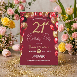 Surprise 21st Birthday Party Gold Burgundy Glitter Invitation