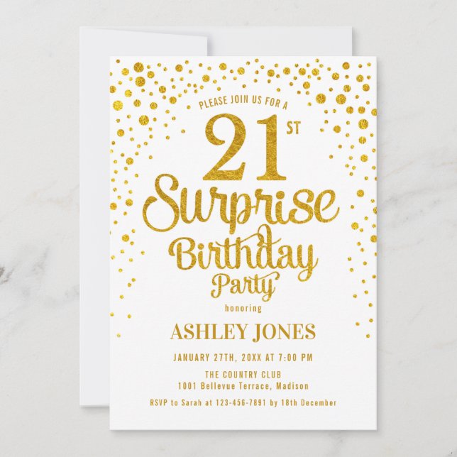 Surprise 21st Birthday Party - Gold & White Invitation (Front)