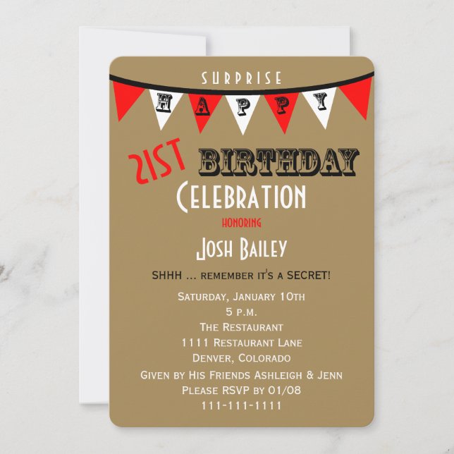 Surprise 21st Birthday Party Invitations Bunting (Front)