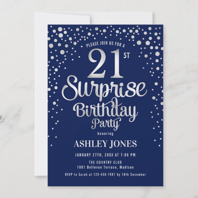 Surprise 21st Birthday Party - Silver & Navy Blue Invitation (Front)