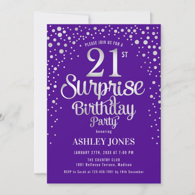 Surprise 21st Birthday Party - Silver & Purple Invitation (Front)