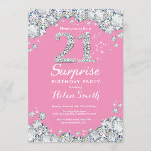 Surprise 21st Birthday Pink and Silver Diamond Invitation