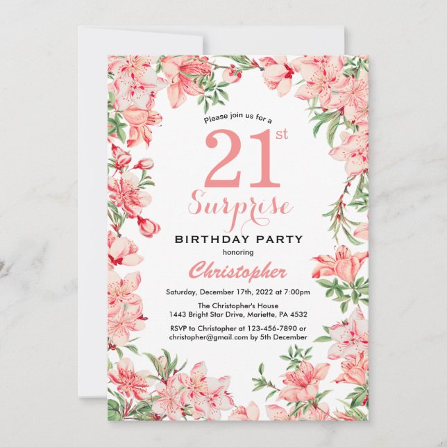 Surprise 21st Birthday Pink Boho Botanical Floral Invitation (Front)