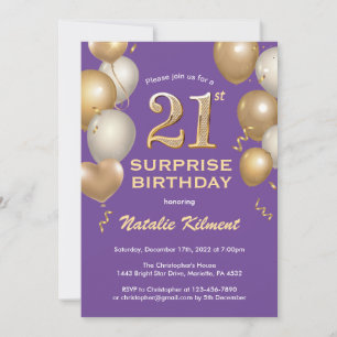 Surprise 21st Birthday Purple and Gold Balloons Invitation