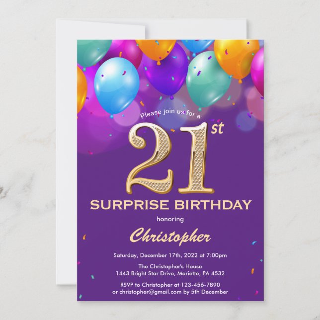 Surprise 21st Birthday Purple and Gold Balloons Invitation (Front)