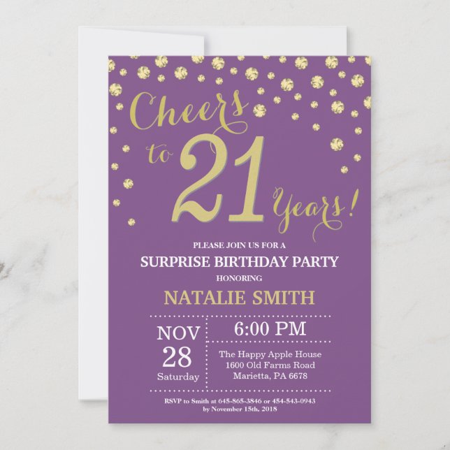 Surprise 21st Birthday Purple and Gold Diamond Invitation (Front)