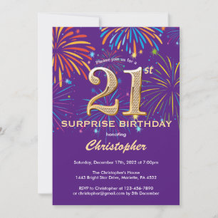 Surprise 21st Birthday Purple and Gold Firework Invitation
