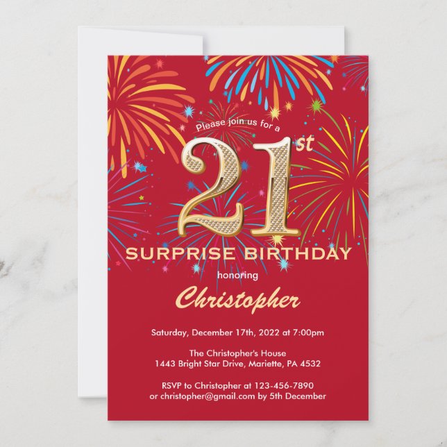 Surprise 21st Birthday Red & Gold Rainbow Firework Invitation (Front)