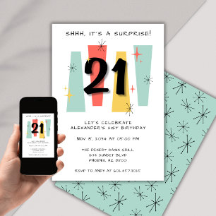 Surprise 21st Birthday Retro Midcentury Colourful Invitation