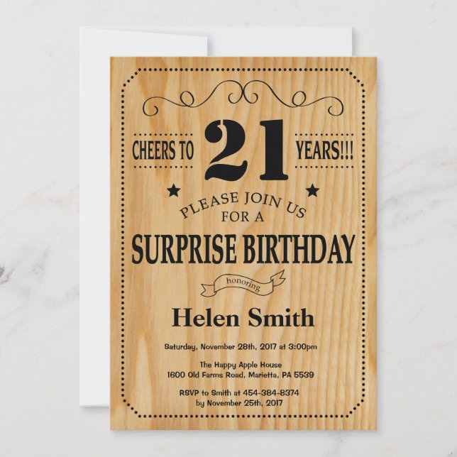Surprise 21st Birthday Rustic Wood Invitation (Front)
