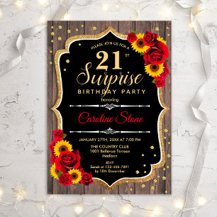 Surprise 21st Birthday - Rustic Wood Sunflowers Invitation