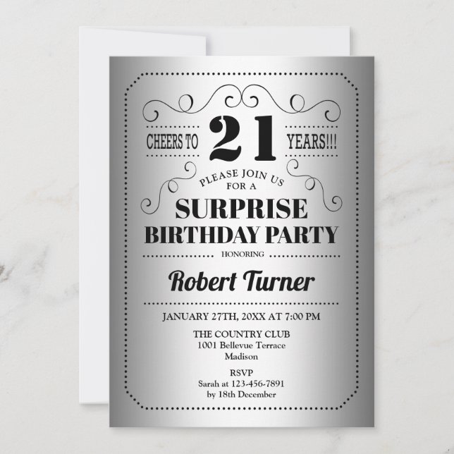 Surprise 21st Birthday - Silver Black Invitation (Front)
