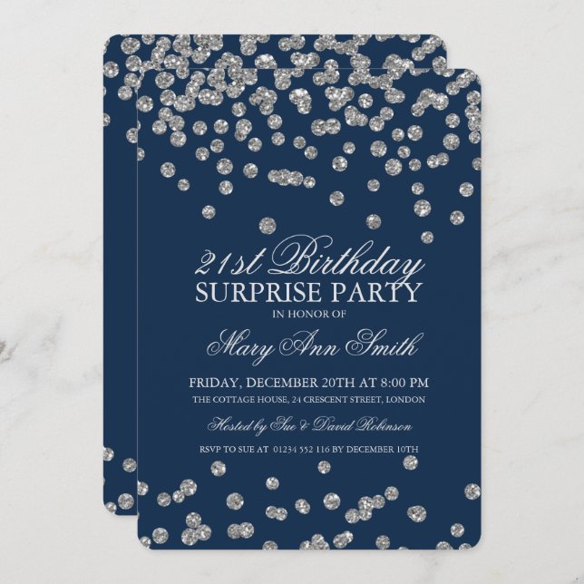 Surprise 21st Birthday Silver Glitter Navy Blue Invitation (Front/Back)