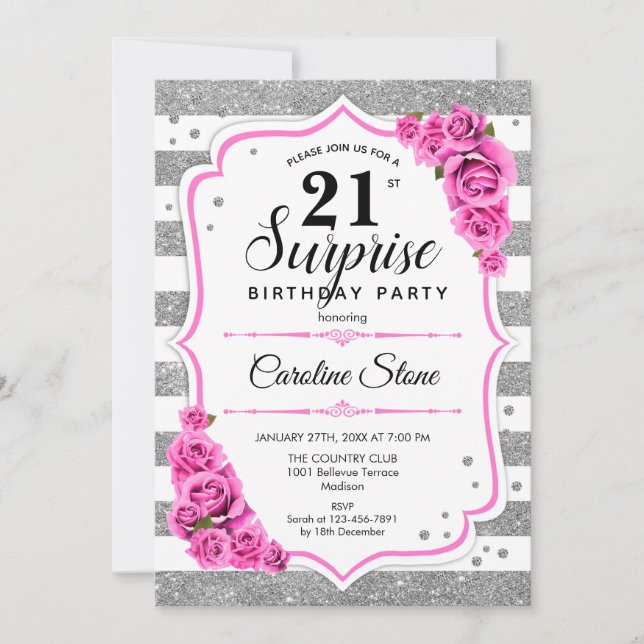 Surprise 21st Birthday - Silver White Pink Invitation (Front)