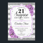 Surprise 21st Birthday - Silver White Purple Invitation<br><div class="desc">Surprise 21st Birthday Invitation.
Feminine white,  lavender design with faux glitter silver. Features stripes,  pastel purple roses,  script font and confetti. Perfect for an elegant birthday party. Can be personalized to show any age. Message me if you need further customization.</div>