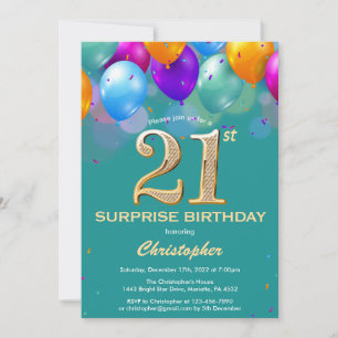 Surprise 21st Birthday Teal and Gold Balloons Invitation