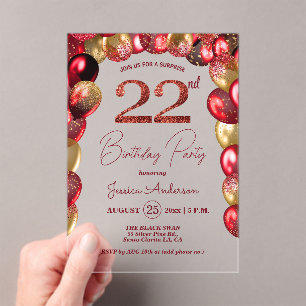 Surprise 22nd Birthday Party Gold Burgundy Glitter Acrylic Invitations