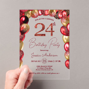 Surprise 24th Birthday Party Gold Burgundy Glitter Acrylic Invitations