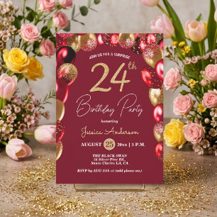 Surprise 24th Birthday Party Gold Burgundy Glitter Invitation