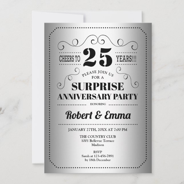 Surprise 25th Anniversary Party - Silver Black Invitation (Front)