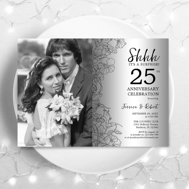 Surprise 25th Anniversary With Photo Silver Floral Invitation (Creator Uploaded)