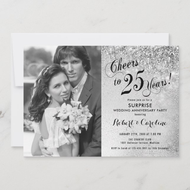 Surprise 25th Anniversary with Photo - Silver Invitation (Front)