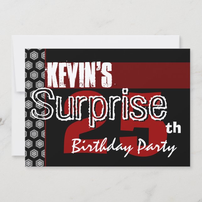 Surprise 25th Birthday Modern Red White Black W445 Invitation (Front)