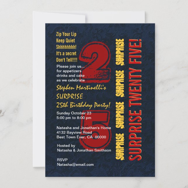 SURPRISE 25th Modern Birthday Red Gold Blue W542 Invitation (Front)