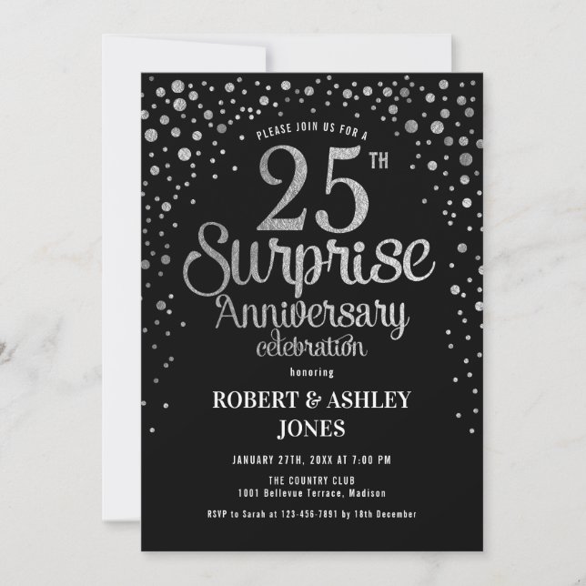 Surprise 25th Wedding Anniversary - Black & Silver Invitation (Front)