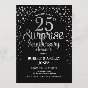 Surprise 25th Wedding Anniversary - Black & Silver Invitation
