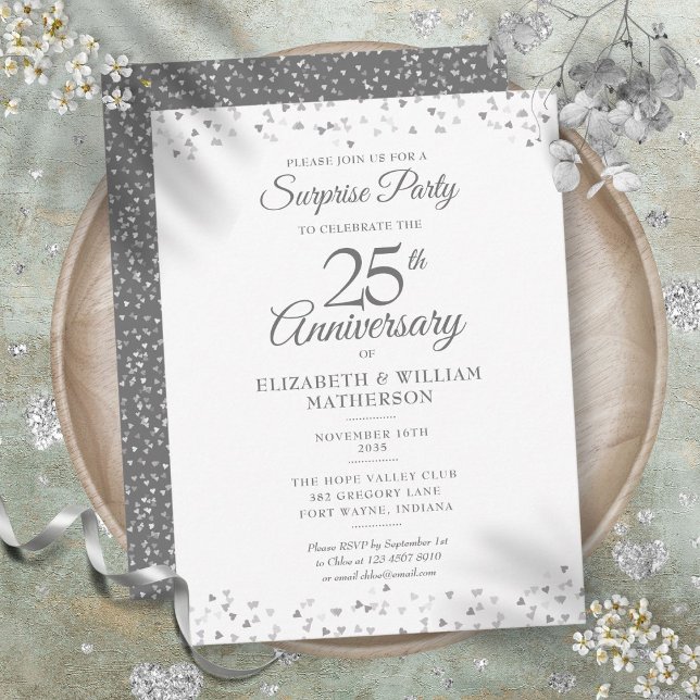 Surprise 25th Wedding Anniversary Silver Hearts  Postcard (Surprise 25th Wedding Anniversary Silver Hearts Postcard)