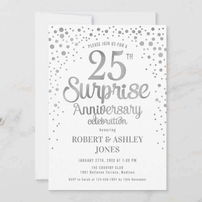 Surprise 25th Wedding Anniversary - Silver & White Invitation (Front)
