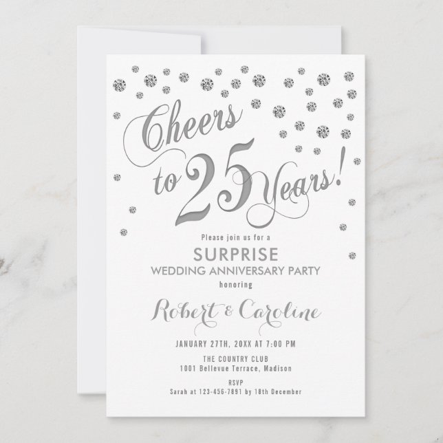 Surprise 25th Wedding Anniversary - White & Silver Invitation (Front)