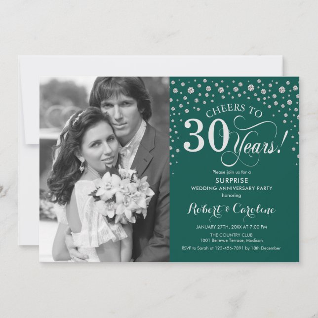 Surprise 30th Anniversary with Photo Green Silver Invitation (Front)