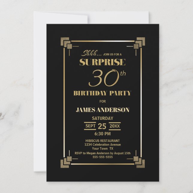 Surprise 30th Birthday Black and Gold Party Invitation (Front)