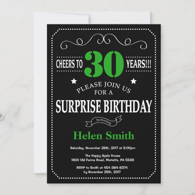 Surprise 30th Birthday Black and Green Chalkboard Invitation (Front)