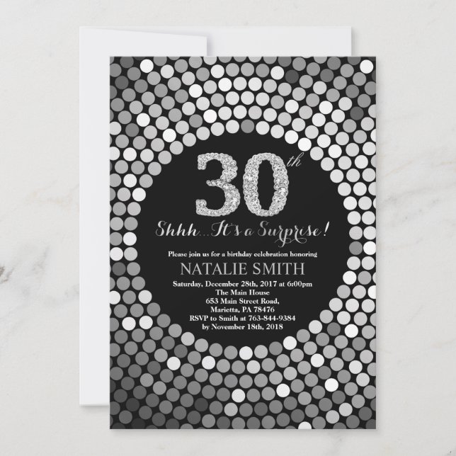 Surprise 30th Birthday Black and Silver Glitter Invitation (Front)