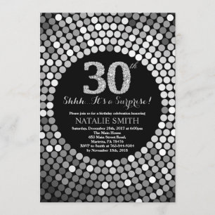 Surprise 30th Birthday Black and Silver Glitter Invitation