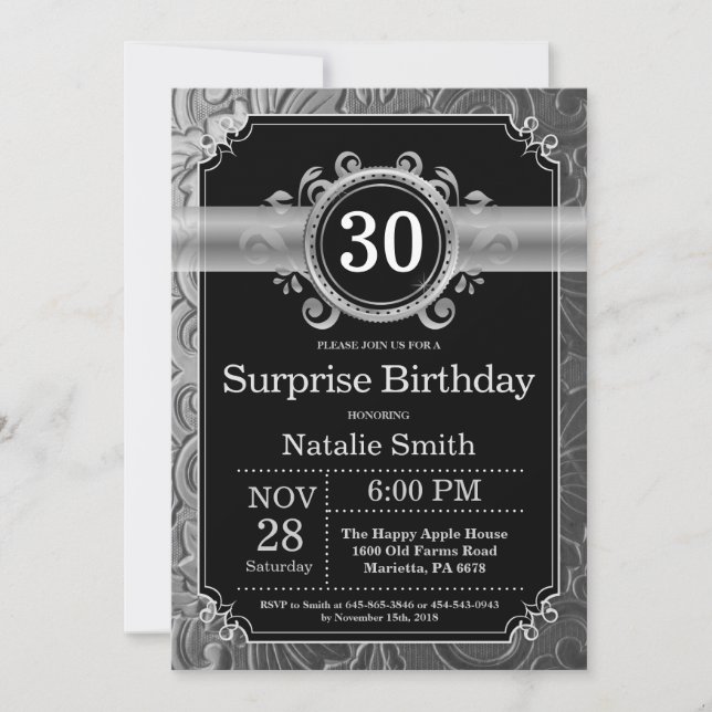 Surprise 30th Birthday Black and Silver Glitter Invitation (Front)