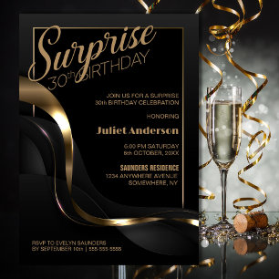 Surprise 30th Birthday Black Gold Party Invitation
