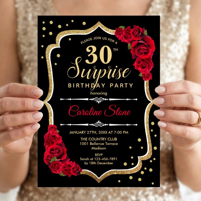 Surprise 30th Birthday - Black Gold Red Invitation (Creator Uploaded)