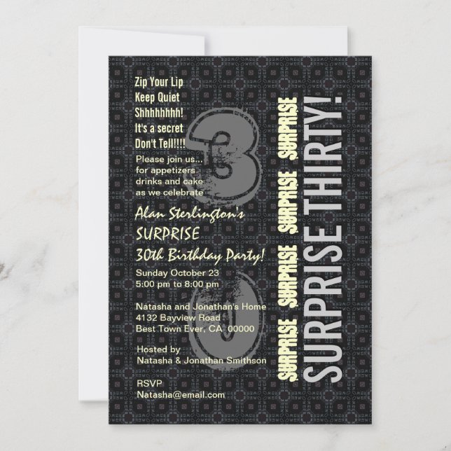 SURPRISE 30th Birthday Black Silver Ivory V4N Invitation (Front)