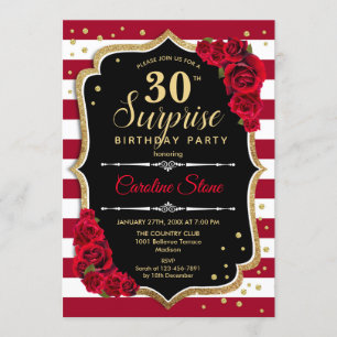 Surprise 30th Birthday - Black White Red Invitation