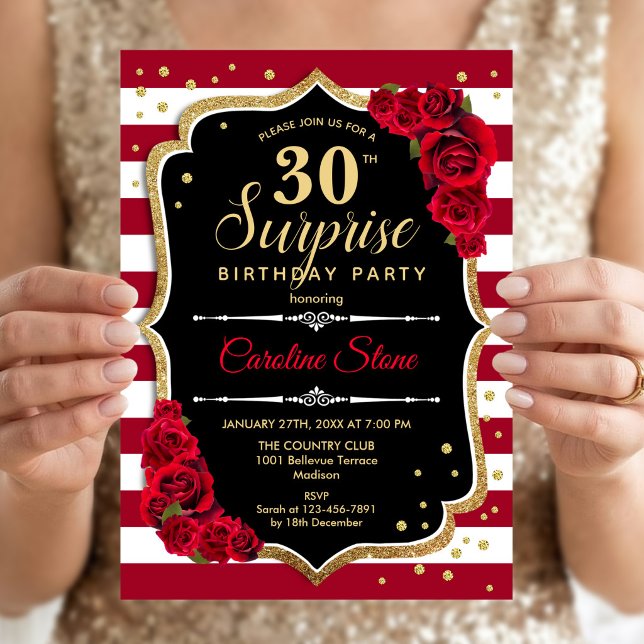 Surprise 30th Birthday - Black White Red Invitation (Creator Uploaded)