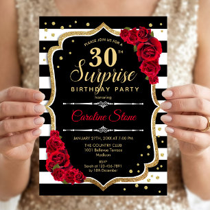 Surprise 30th Birthday - Black White Red Invitation