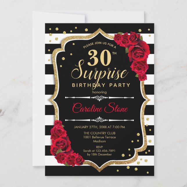 Surprise 30th Birthday - Black White Red Invitation (Front)